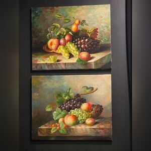 Vintage Oil Paintings Pair Still Life Fruit Grapes Botanical 16"x20" Art Picture